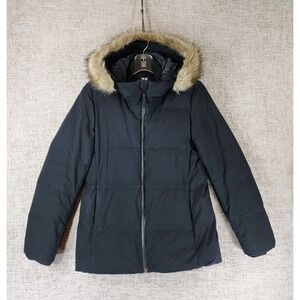Uniqlo Down Puffer Jacket Light Weight Faux Fur Hooded Womens XS Black Chest 35"